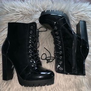 Faux patent leather lugged sole booties